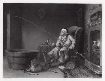 Theodore Lane 1850 engraving The Enthusiast (The Gouty Angler) signed