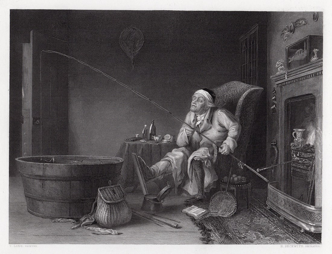 Theodore Lane 1850 engraving The Enthusiast (The Gouty Angler) signed (1 of 3)