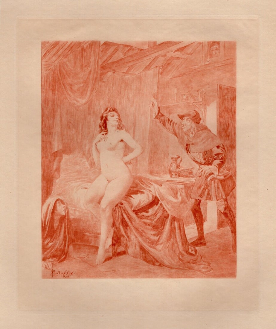 Edmond MALASSIS LIMITED NUDE Engraving Confident Woman SIGNED Framed: Edmond Malassis (French, 1874 - 1944). The Interruption II (L'interruption I) (Cent Nouvelles Nouvelles). Vintage copper plate engraving in red ink on Velin paper after the original by master engraver