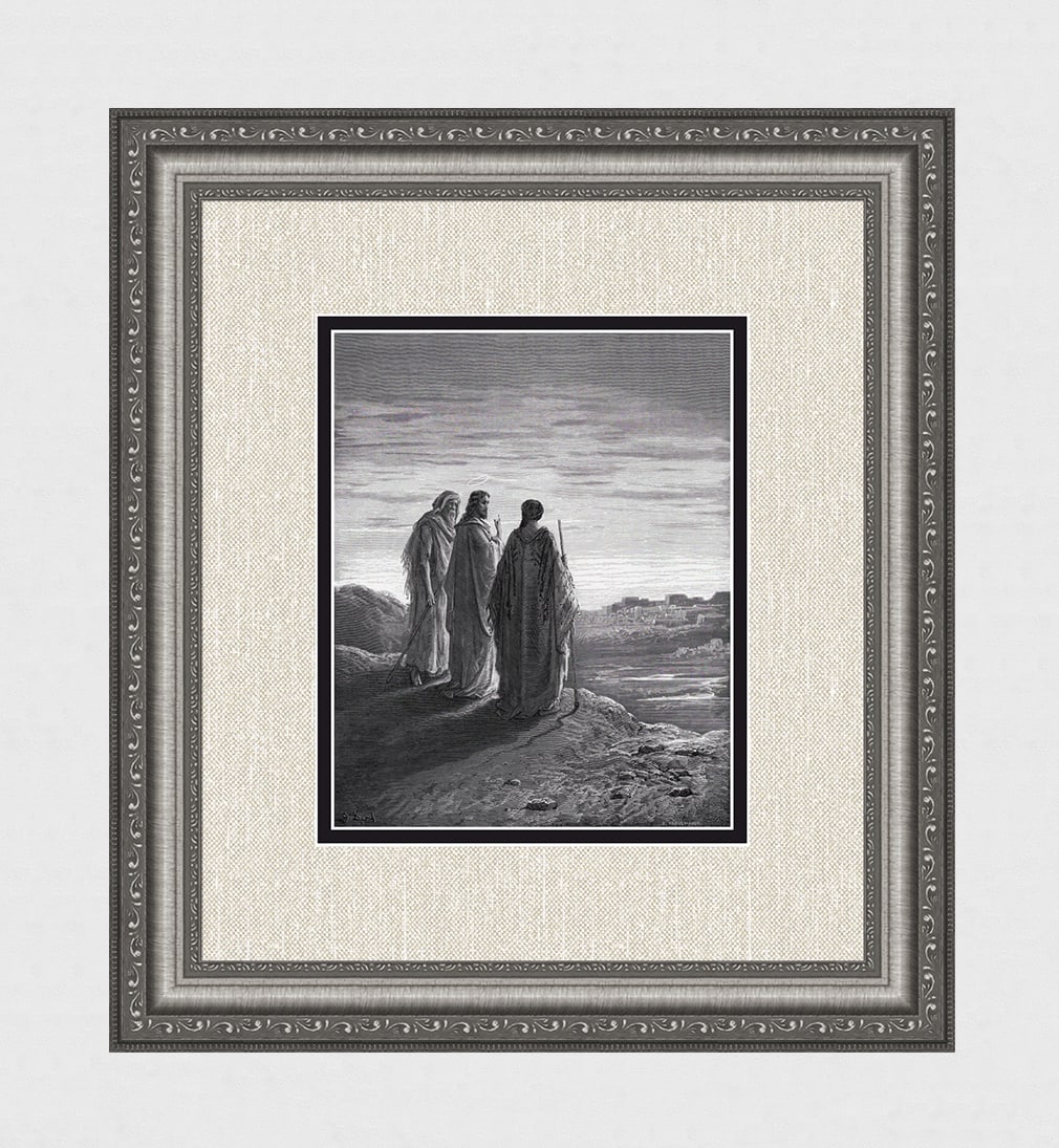 FRAMED Gustave DORE 1800s Woodcut The Road to Emmaus SIGNED: Gustave Dore(Paul Gustave Louis Christophe Dore) (French 1832-1883). Jesus and the Disciples going to Emmaus (from Dore's Bible). Antique woodcut wove paper after the original by a master wood engrave