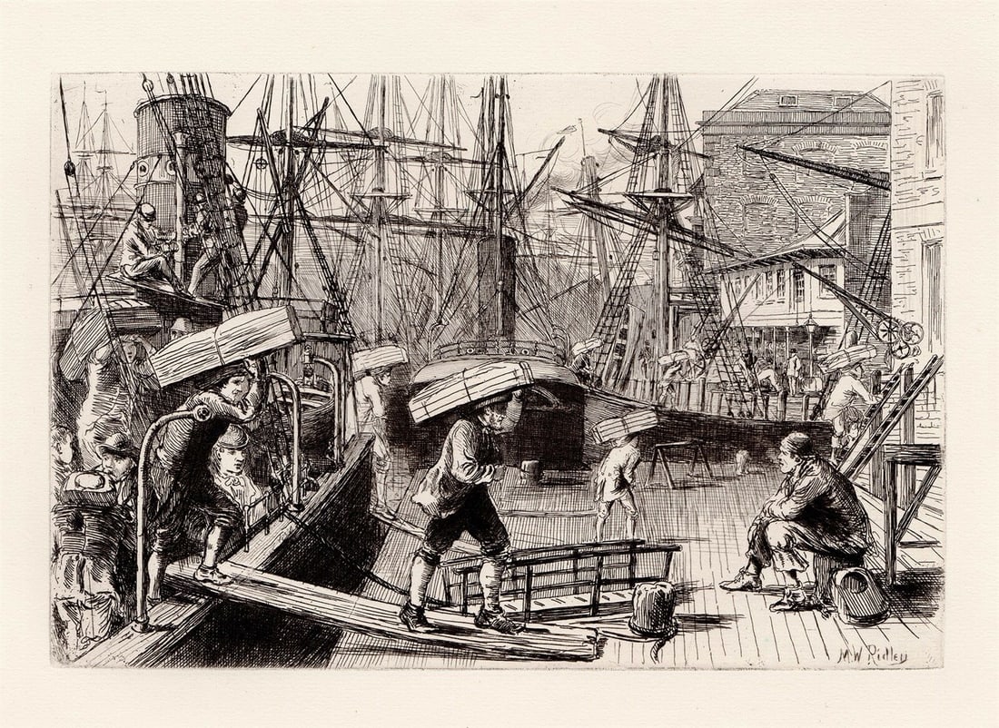Matthew White Ridley Orange Wharf London Bridge signed 1873 etching: Matthew White Ridley. (1837-1888). The Orange Wharf, London Bridge. Antique Hand Pulled Copper Plate Etching on Thick Laid Paper. 1873. Signed in the plate, lower right. Excellent. Image Size 6 x 9 in