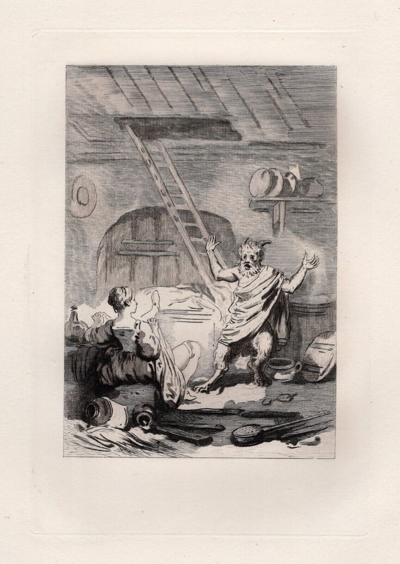 1800s Jean-Honore FRAGONARD Etching The Devil of Papefiguiere FRAMED LIMITED: Jean-Honore Fragonard (French, 1732 - 1806). The Devil of Papefiguiere (Le Diable de Papefiguiere) (from Conte de La Fontaine). Antique etching on laid paper after the original by master engraver Adol