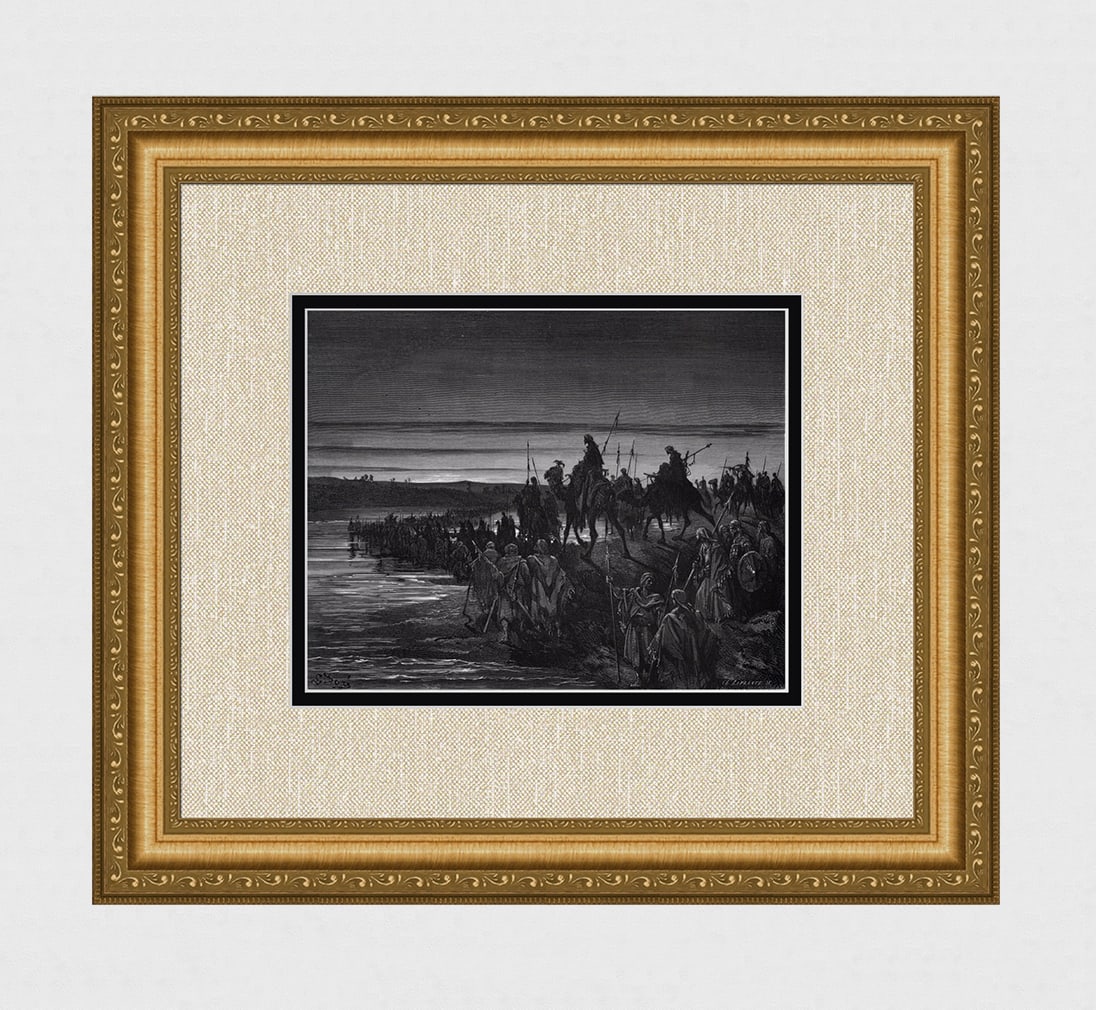 1800s Gustave DORE'S BIBLE Woodcut The Children of Crossing Jordan SIGNED FRAMED: Gustave Dore (Paul Gustave Louis Christophe Dore) (French, 1832-1883). The Children of Israel Crossing Jordan. (From Dore's Bible). Antique woodcut wove paper after the original by a master wood engra