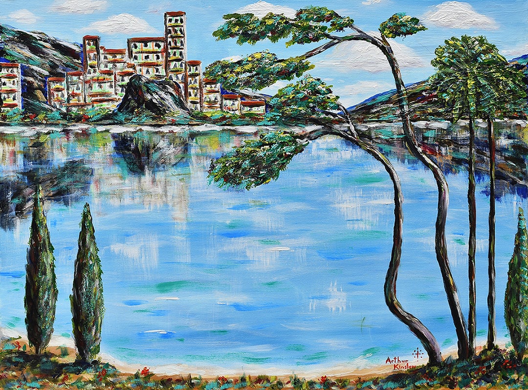 Arthur Kinslow Original Painting Lakeside Getaway 36 x 48 Inches: Arthur Kinslow ( American, 1955 - ) Lakeside Getaway. Original Acrylic on Canvas.Signed by the artist lower center. Canvas Size 36 x 48 inches. Arthur Kinslow has been involved in art his entire life