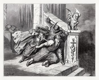 Gustave Dore 1800s Engraving The death of Bluebeard Signed Framed