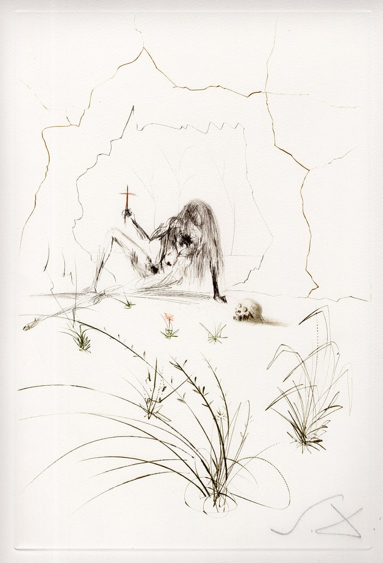 Salvador Dali Tristan Etching Signed Limited Framed: Salvador Dali. Frere Ogrin, L'ermite (Brother Ogrin, The Hermit). Original Color drypoint etching on Arches paper. Year: 1970. Hand Signed in pencil (Monogram) lower right. From the edition of 125. Bl
