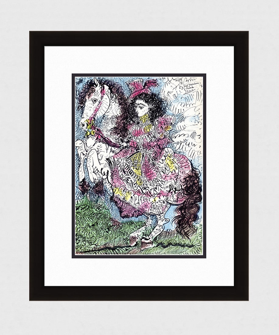 1961 Pablo PICASSO Color Lithograph Jacqueline Riding a White Horse SIGNED FRAMED: Pablo Picasso (1881 - 1973). Jacqueline Riding a White Horse . 1961 Color offset lithograph, on Arches paper, after the original sketch. Atelier Mourlot. Signed and Dated in the plate, upper right. Ed