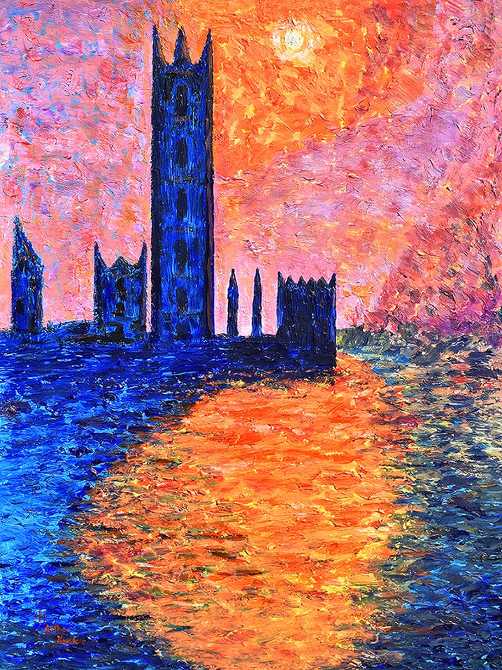 Arthur Kinslow Original Painting Parliament at Sunset 30 x 40 Inches: Arthur Kinslow ( American, 1955 - ) Parliament at Sunset. Original Acrylic on Canvas.Signed by the artist lower center. Canvas Size 30 x 40 inches. Arthur Kinslow has been involved in art his entire l