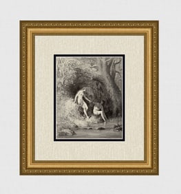 Gustave Dore Adam & Eve (Milton's Paradise Lost) c. 1880 Wood Engraving Signed Framed
