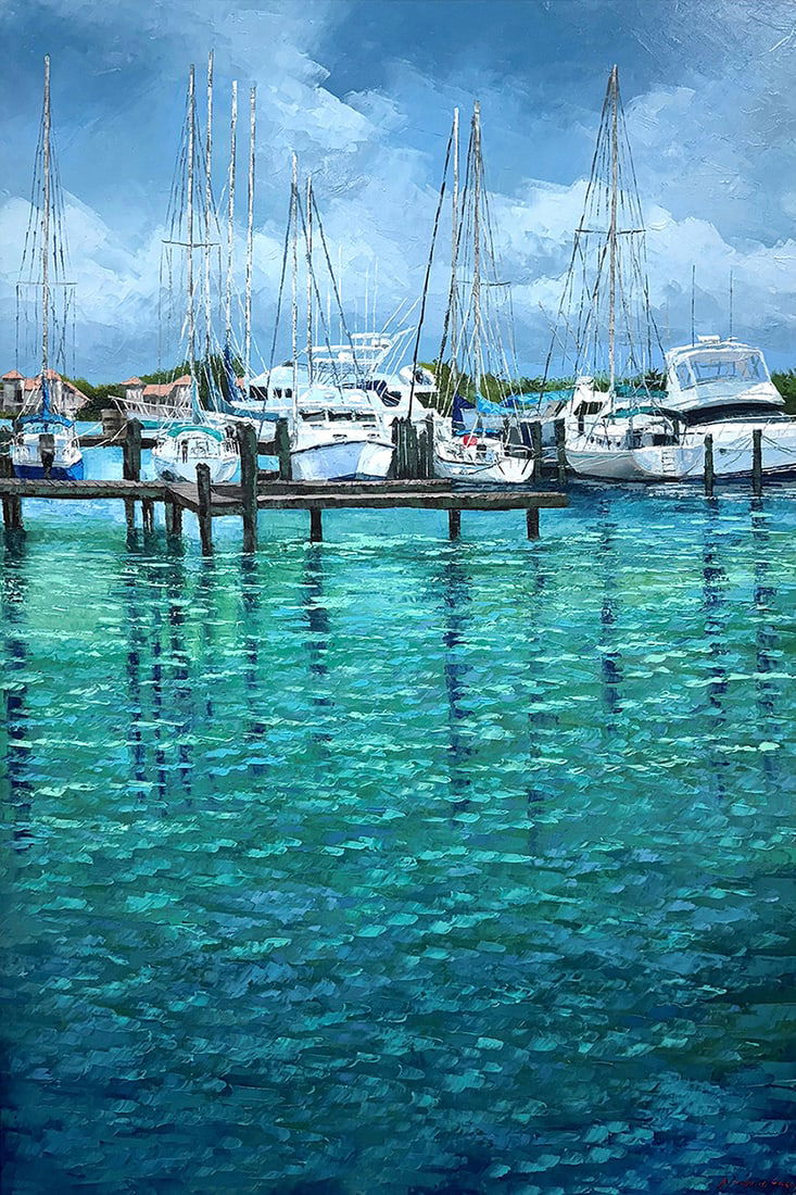 Mauricio Garay Original Painting Marina XX 40 x 60 inches: Mauricio Garay. Marina XX. Original oil painting on canvas. Canvas Size 40 x 60 inches. Mauricio Garay began to arouse his interest in art at an early age, with some artistic guidance from his uncle C