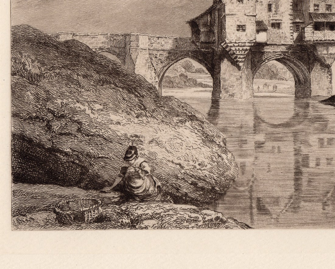 Thomas Hearne 1888 etching Elvet Bridge, Durham signed - 2