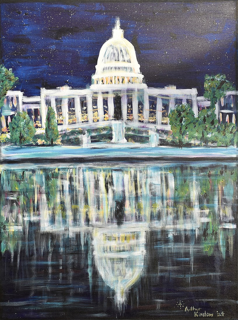 Arthur Kinslow Orginal Painting Capital 30 x 40: Arthur Kinslow ( American, 1955 - ) Let Freedom Ring. Original Acrylic on Canvas.Signed by the artist lower right. Canvas Size 40 x 30 inches. Arthur Kinslow has been involved in art his entire life a
