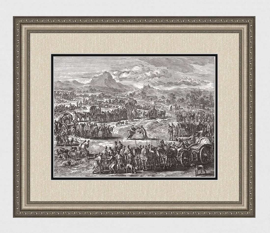 1747 Monumental Engraving Jan Luyken Meeting of Jacob and Joseph Framed: Jan Luyken (Dutch, 1649 - 1712). The Meeting of Jacob and Joseph. Antique engraving on laid paper. Year: 1747. Publisher: Frans Houtteyn. Reference: Hollstein / Dutch and Flemish etchings, engravings