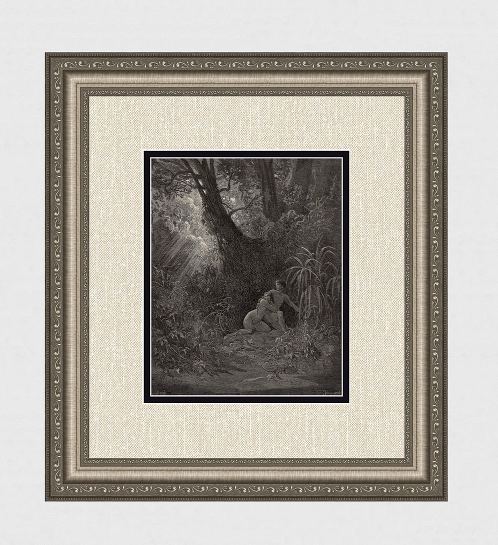 Gustave Dore Adam & Eve (Milton's Paradise Lost) c. 1880 Wood Engraving Signed: Gustave Dore (Paul Gustave Louis Christophe Dore) (French, 1832-1883). God Arraigns Adam and Eve (Milton's Paradise Lost). Antique Wood Engraving on wove paper executed by master wood engraver Paul Jo