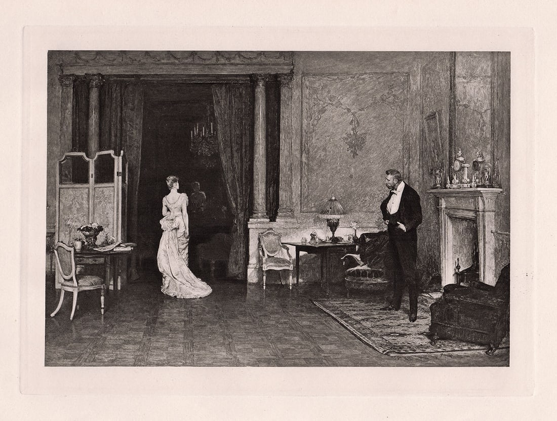 Sir William Quiller Orchardson The First Cloud 1887 print: Sir William Quiller Orchardson. (Scottish, 1832-1910). The First Cloud. Antique Heliogravure on wove paper after the original oil on canvas by master engraver Dujardin. 1887. Excellent. Image Size 7 3
