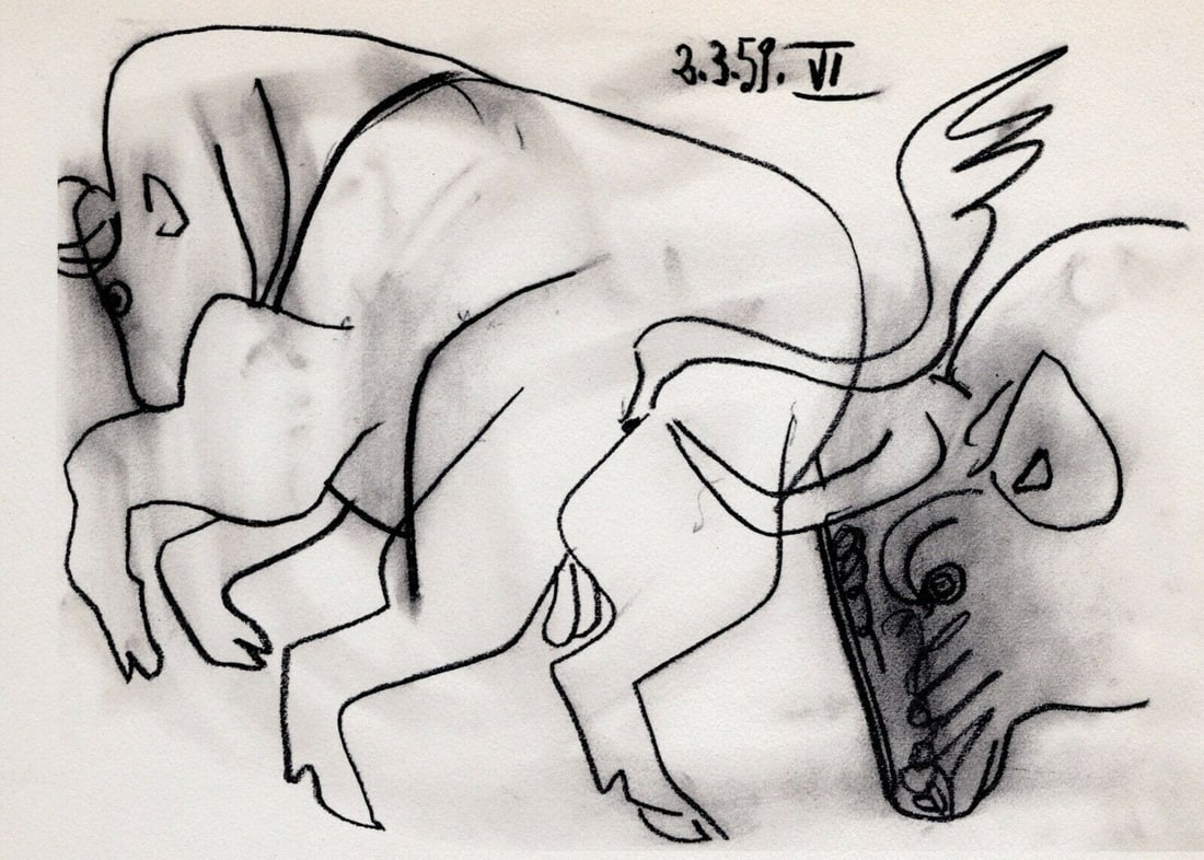 PABLO PICASSO 1961 Vintage Lithograph Two Bulls FRAMED: Pablo Picasso (1881 - 1973). Two Bulls VI (Dos Toros). Black and white offset lithograph, on Arches paper, after the original sketch. Atelier: Mourlot. Year: 1961. Signature/Dated: Dated in the plate,