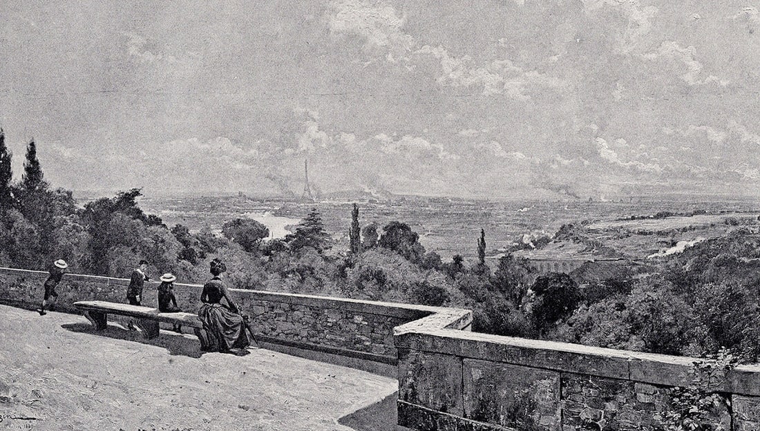 Louis Tauzin 1800s Antique Print Scenic Views of Paris SIGNED Framed: Louis Tauzin (1842-1915). View of Paris from the Terrace of Meudon. Antique print after the original. Year: c. 1890. Signed in the plate, lower left. Image Size 6 1/2 x 12 inches. Framed dimensions ap