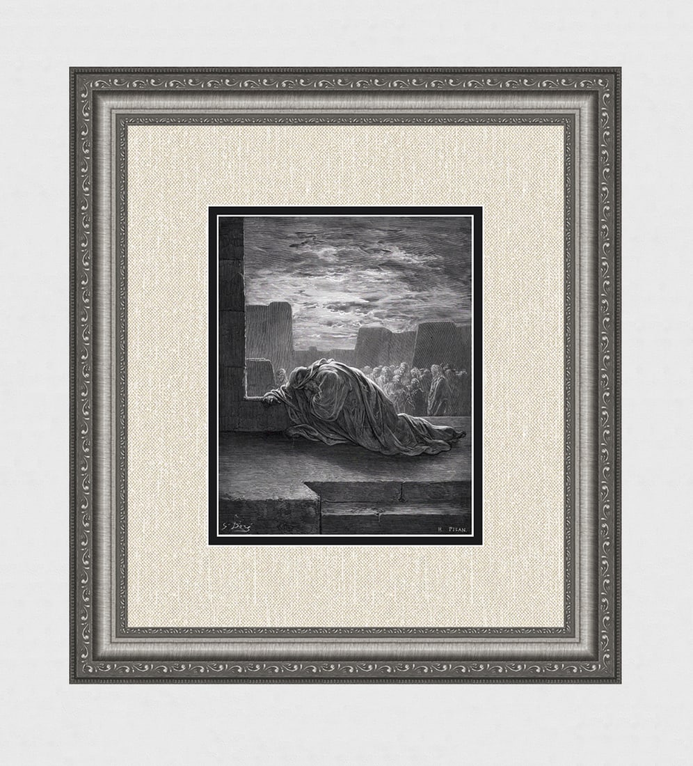 GUSTAVE DORE 1800s Religious Wood Engraving EZRA PRAYING Framed Signed: Gustave Dore (Paul Gustave Louis Christophe Dore) (French, 1832-1883). Ezra in Prayer (From Dore's Bible). Antique Wood Engraving wove paper after the original by a master wood engraver Heliodore Jose