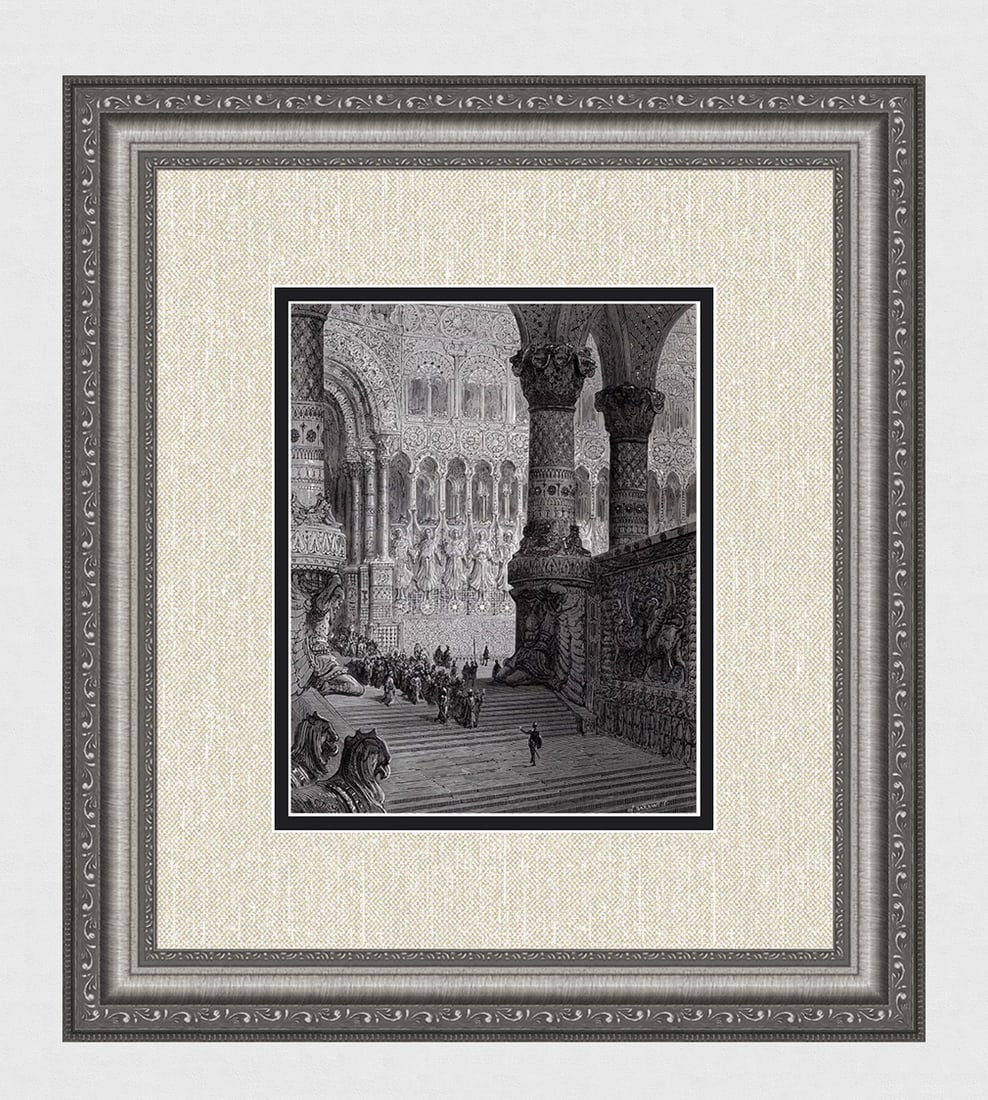 GUSTAVE DORE 1800s Woodcut Astolfo returns to Ethiopia FRAMED SIGNED: Gustave Dore (Paul Gustave Louis Christophe Dore )(French, 1832-1883). Astolfo returns to the emperor of Ethiopia and restores his sight (From Orlando Furioso). Antique woodcut on wove paper after the