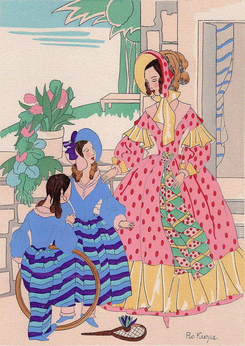 SIGNED Ro Keezer Color Pochoir Time for Play FRAMED: Rosa Sara (Ro) Keezer (Dutch, 1905 - 2003). Allons, Jouons Sagement (Come on, let's play wisely). Vintage color pochoir on wove paper. Year: 1930. Signed in the plate, lower right. Image Size 7 1/4 x