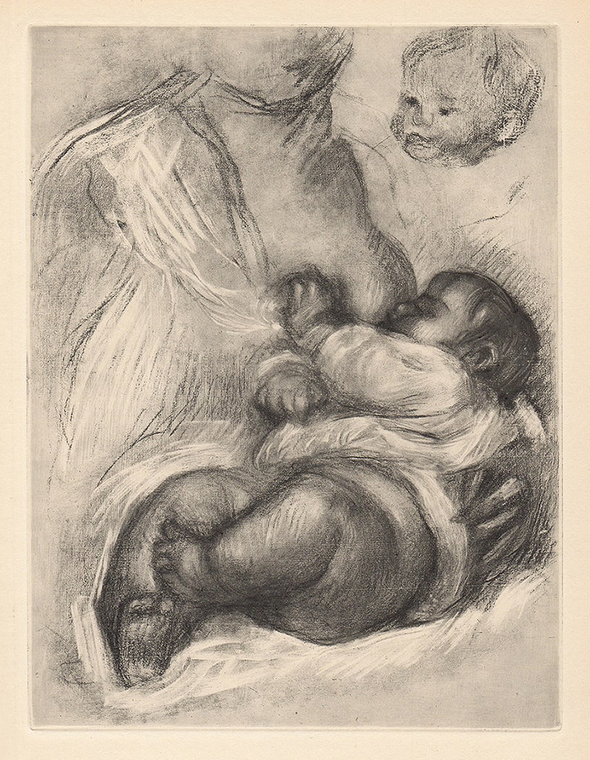 1919 RENOIR Limited Edition Engraving "Mother and Child" FRAMED: Pierre Auguste Renoir (1841 - 1919). Breastfeeding Mother (Mere Allaitant). Antique copper plate heliogravure engraving on beau papier teinte hand pulled by Emile Fequet in Paris on December 15, 1919.