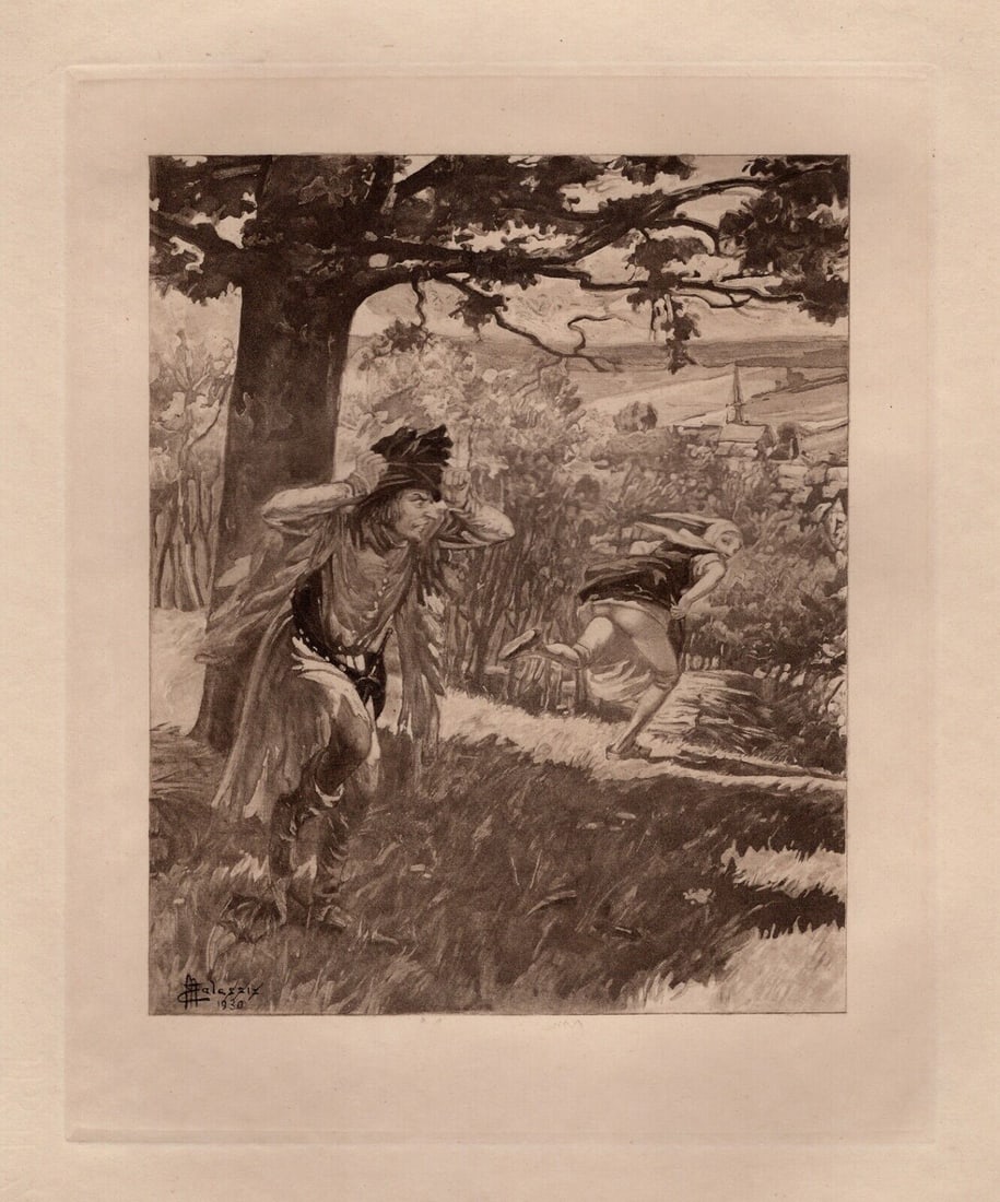 FRAMED Edmond Malassis Engraving RUNNING SCARED Limited SIGNED: Edmond Malassis (French, 1874 - 1944). Caught with your Pants Down III (Pris avec votre Pantalon Baissé II) (Cent Nouvelles Nouvelles). Vintage copper plate engraving in black ink on Velin paper