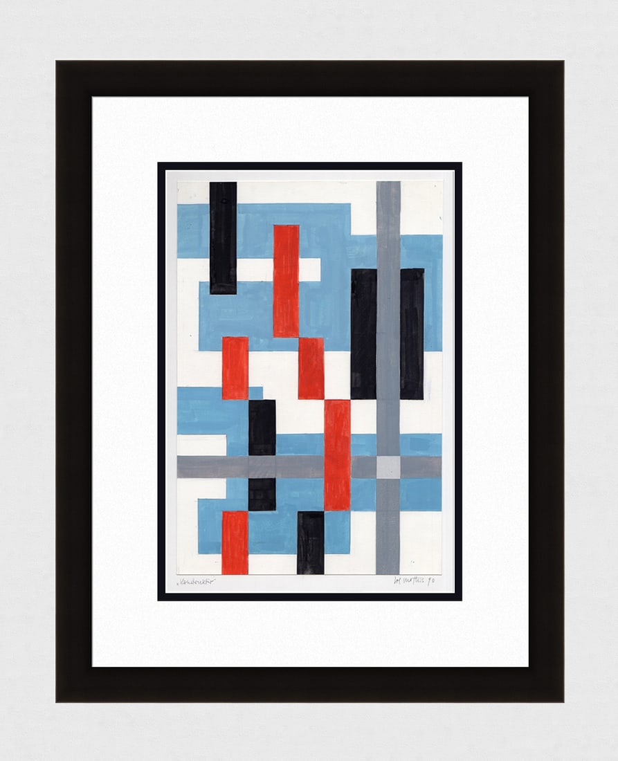 Mathis Original Gouache Construction Framed Swiss: Josef Johann Mathis (Joe Mathis, 1913 - 2002; Swiss). Construction (Konstruktur). Original Mixed Media Gouache on paper. Year: 1990. Hand signed and dated in pencil, lower right. Titled in pencil,