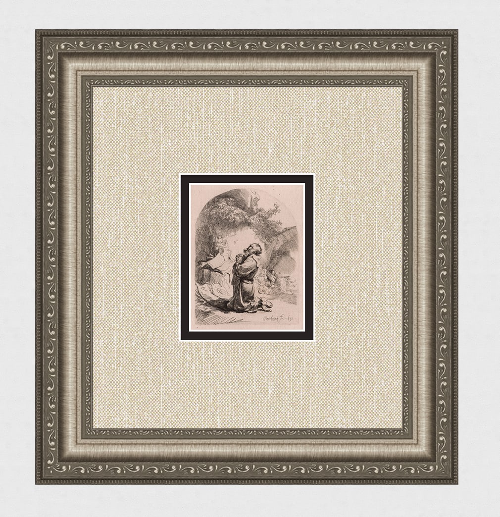 1800s REMBRANDT B101 Etching St. Jerome Praying Durand SIGNED Framed: After Rembrandt Harmenszoon Van Rijn (1606-1669). St. Jerome Praying (Arched Print). Antique hand pulled copper plate etching on laid paper after the original by master etcher Amand Durand (1831 - 190