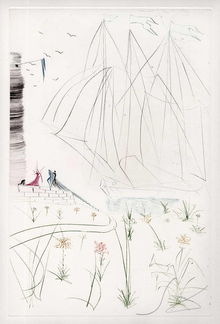 Salvador Dali Tristan The Return Etching Signed Limited Framed: Salvador Dali. L'Arivee d'Iseult (Iseult's Arrival). Original Color drypoint etching on Arches paper. Year: 1970. Hand Signed in pencil (Monogram) lower right. From the edition of 125. Blindstamp lowe