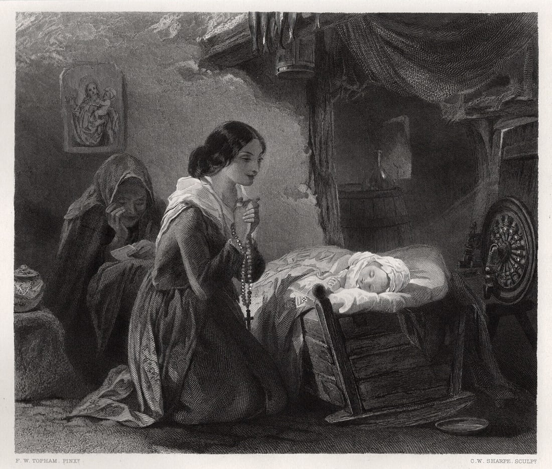 SIGNED Frank William Warwick Topham 1800s Engraving THE BLESSING Framed: Frank William Warwick Topham (English, 1838-1924). A Baby was sleeping. Antique engraving on wove paper after the original by master engraver Charles William Sharpe (British, 1818-1899). Year: 1871. I