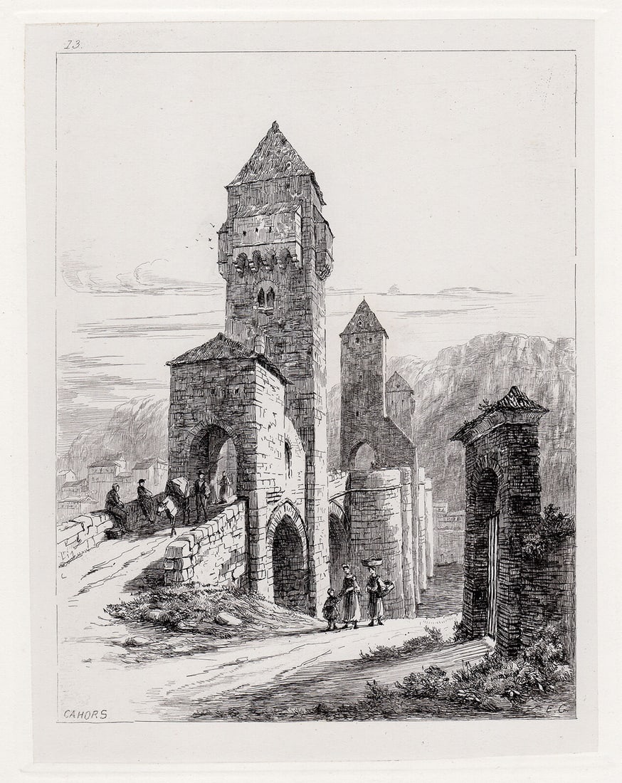 Sir Ernest George Cahors. Fortified Bridge on the Lot 1875 etching (1 of 2)