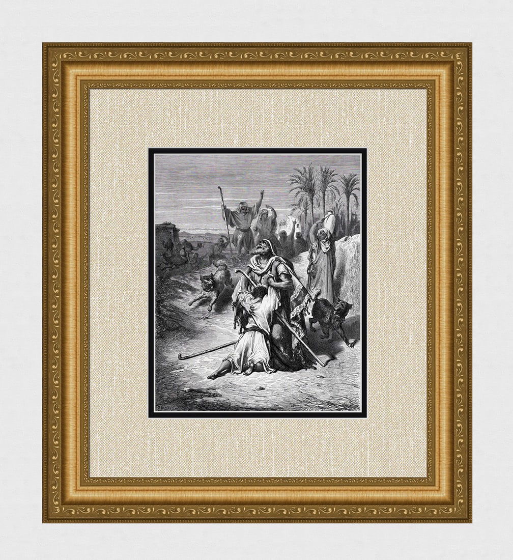 FRAMED 1800s GUSTAVE DORE Biblical Woodcut THE PRODIGAL SON Signed: Gustave Dore (Paul Gustave Louis Christophe Dore) (French, 1832-1883). The Prodigal Son in the arms of his Father (from Dore's Bible). Antique woodcut wove paper after the original by a master wood en