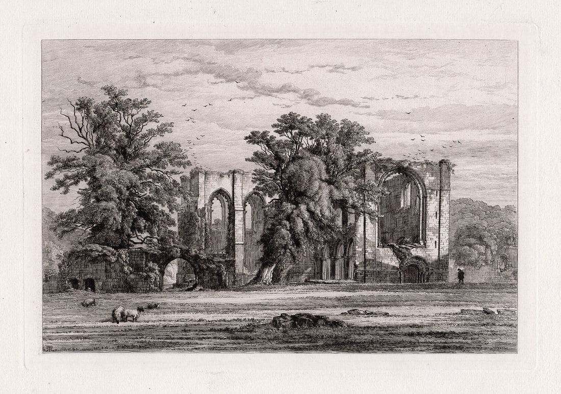 Robert Kent Thomas Furness Abbey 1881 etching: Robert Kent Thomas. (1816-1884). "Furness Abbey". Antique etching on thick laid paper. 1881. Excellent. Image size 6 5/8 x 10 inches. Framed dimensions approximately 15 x 18 inches. This piece has bee