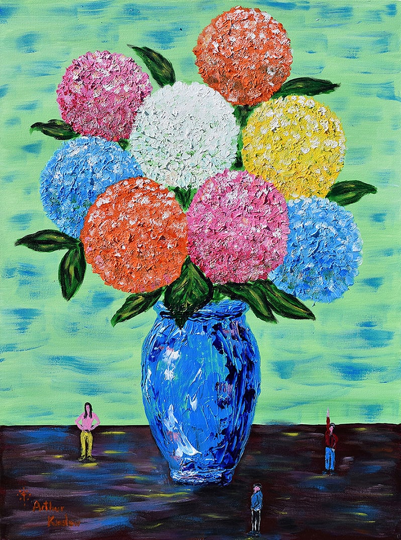 Arthur Kinslow Original Painting Bouquet of Mums 30 x 40 Inches: Arthur Kinslow ( American, 1955 - ) Bouquet of Mums. Original Acrylic on Canvas.Signed by the artist lower center. Canvas Size 30 x 40 inches. Arthur Kinslow has been involved in art his entire life a