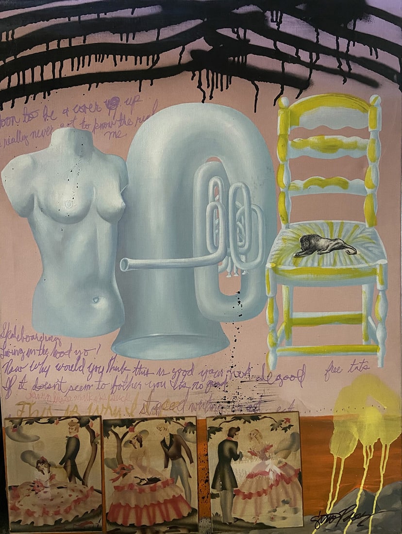 Gino Perez Yellow Chair Original Acrylic painting 30 x 40 inches: Mariano Leo Giovanni Perez (Gino Perez). Yellow Chair. Original Mixed media Acrlyic with collage and wood on Canvas. Signed by the artist, lower right. Image Size 30 x 40 inches. Gino Perez is a 3rd g