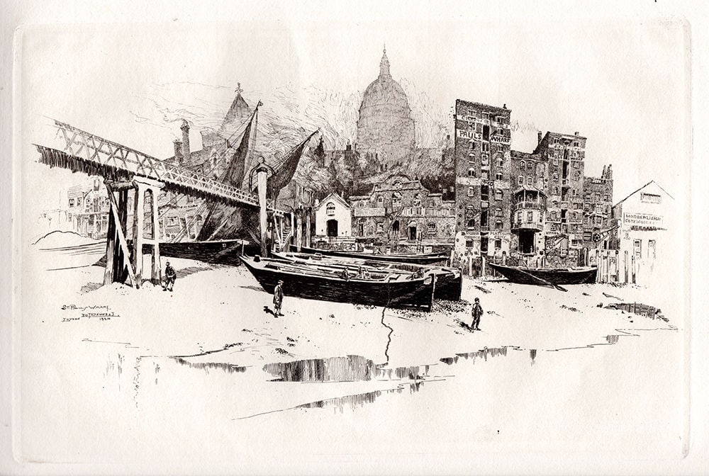 1885 Joseph Pennell etching St Paul's Cathedral Paul's Wharf signed (1 of 2)
