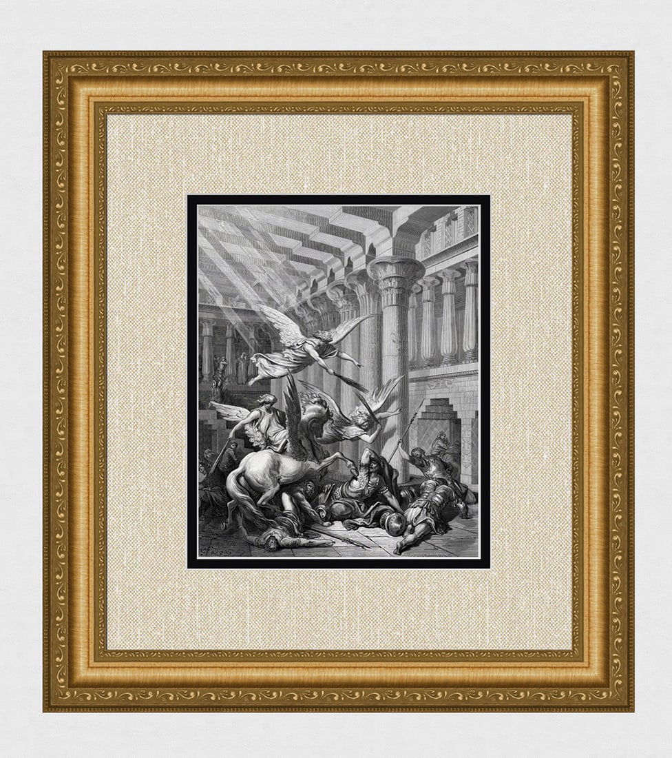Gustave DORE 1800s Biblical Woodcut God Punishes Heliodorus FRAMED Signed: Gustave Dore (Paul Gustave Louis Christophe Dore) (French, 1832-1883). Heliodorus is Cast Down (from Dore's Bible). Antique woodcut wove paper after the original by a master wood engraver Adolphe Fran