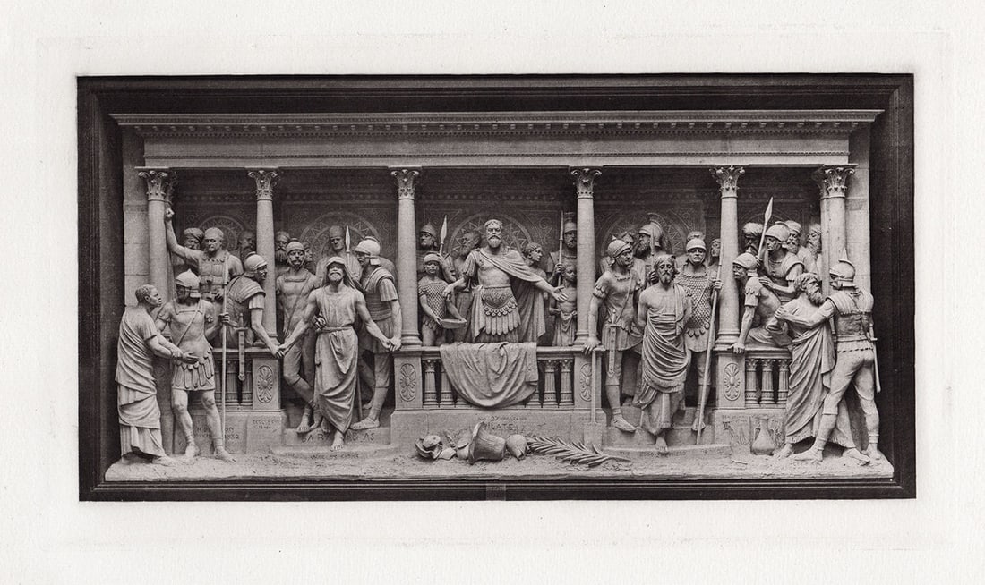 George Tinworth The Release of Barabbas 1883 print: George Tinworth. (English, 1843-1913). The Release of Barabbas. Antique heliogravure on laid paper after the original 1800's Terracotta by Master Engraver Dujardin. 1883. Excellent. Image Size 6 3/4 x