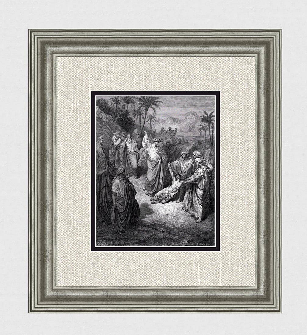 Gustave DORE Antique Wood Engraving Jesus Healing the Lunatic SIGNED FRAMED: Gustave Dore(Paul Gustave Louis Christophe Dore) (French, 1832-1883). Jesus Healing the Lunatic (from Dore's Bible). Antique Wood Engraving wove paper after the original by a master wood engravers Leo