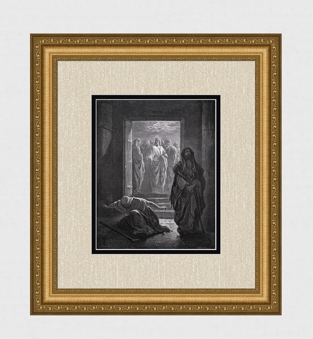 1800s Gustave Dore Biblical Woodcut The Pharisee and the Publican Signed Framed: Gustave Dore (Paul Gustave Louis Christophe Dore) (French, 1832-1883). The Pharisee and the Publican (from Dore's Bible). Antique woodcut wove paper after the original by a master wood engravers Franc