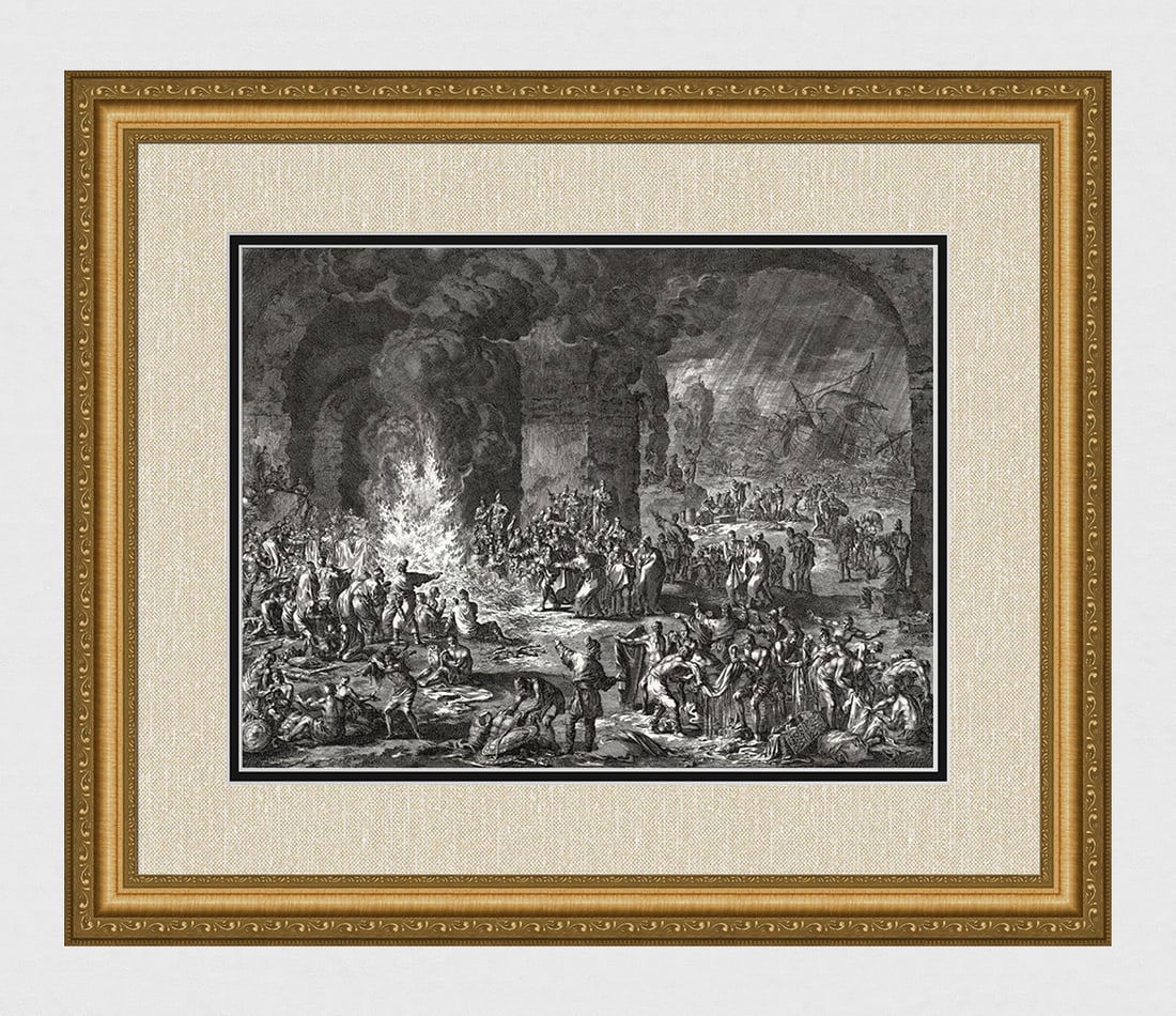 1747 Monumental Engraving Jan Luyken The Shipwreck of Saint Paul on the Island of Malta Framed: Jan Luyken (Dutch, 1649 - 1712). The Shipwreck of Saint Paul on the Island of Malta. Antique engraving on laid paper. Year: 1747. Publisher: Frans Houtteyn. Reference: Hollstein / Dutch and Flemish et