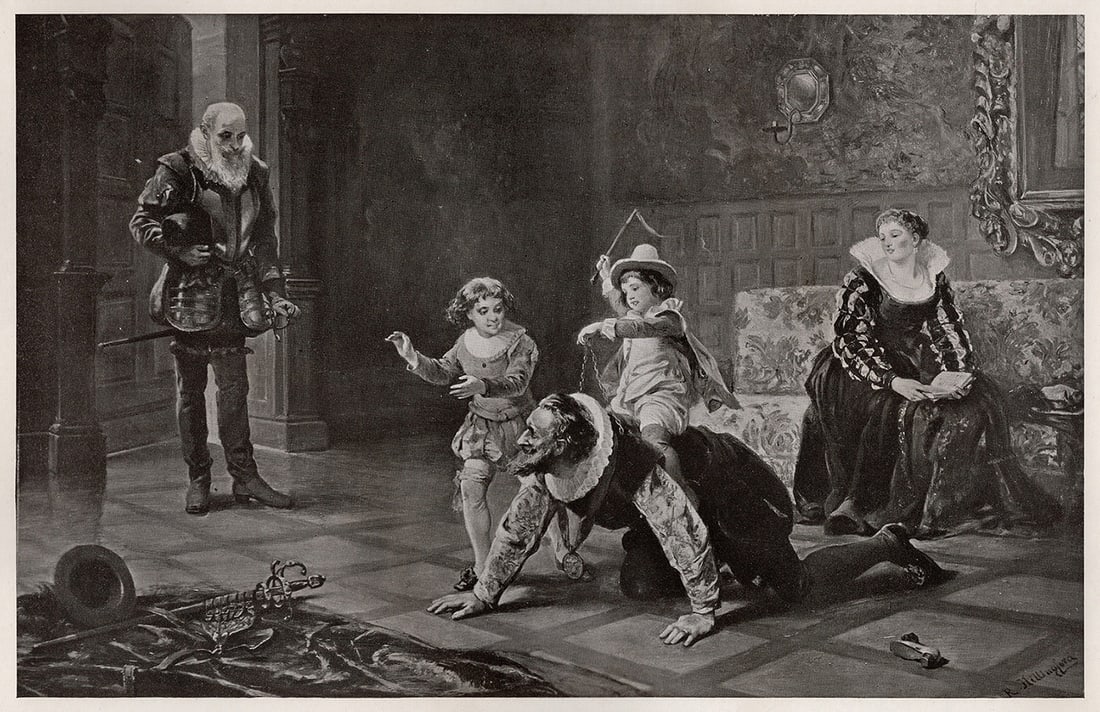 Robert Hillingford Antique Print Henry the Great & His Children FRAMED: Robert Alexander Hillingford (English, 1828 - 1904). Henry IV of France and His Children. Antique engraving on wove paper after the original by a Master Engraver. Year: 1908. Image size 7 x 10 3/8 inc