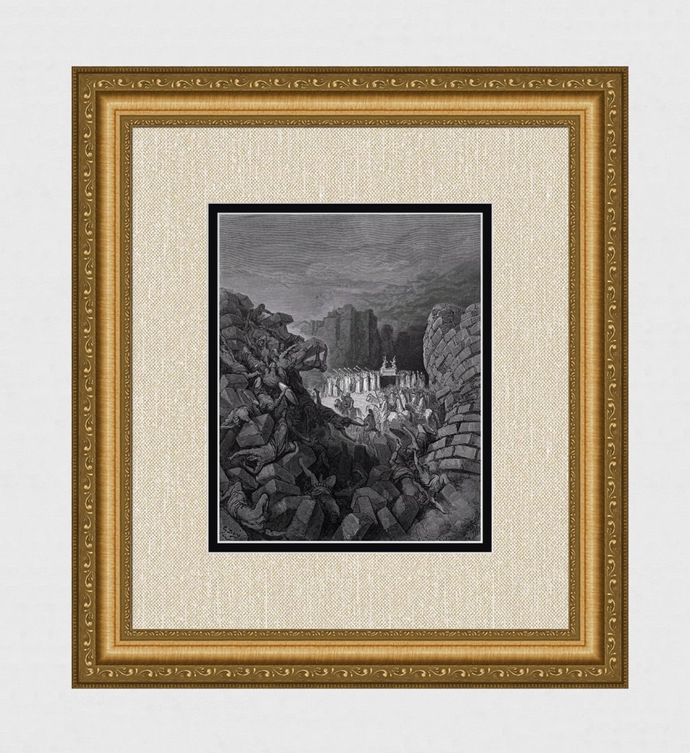 1800s Gustave DORE Religious Woodcut The Destruction of Jericho FRAMED SIGNED: Gustave Dore (Paul Gustave Louis Christophe Dore) (French, 1832-1883). The Walls of Jericho Falling Down (from Dore's Bible). Antique woodcut wove paper after the original by a master wood engraver Pa