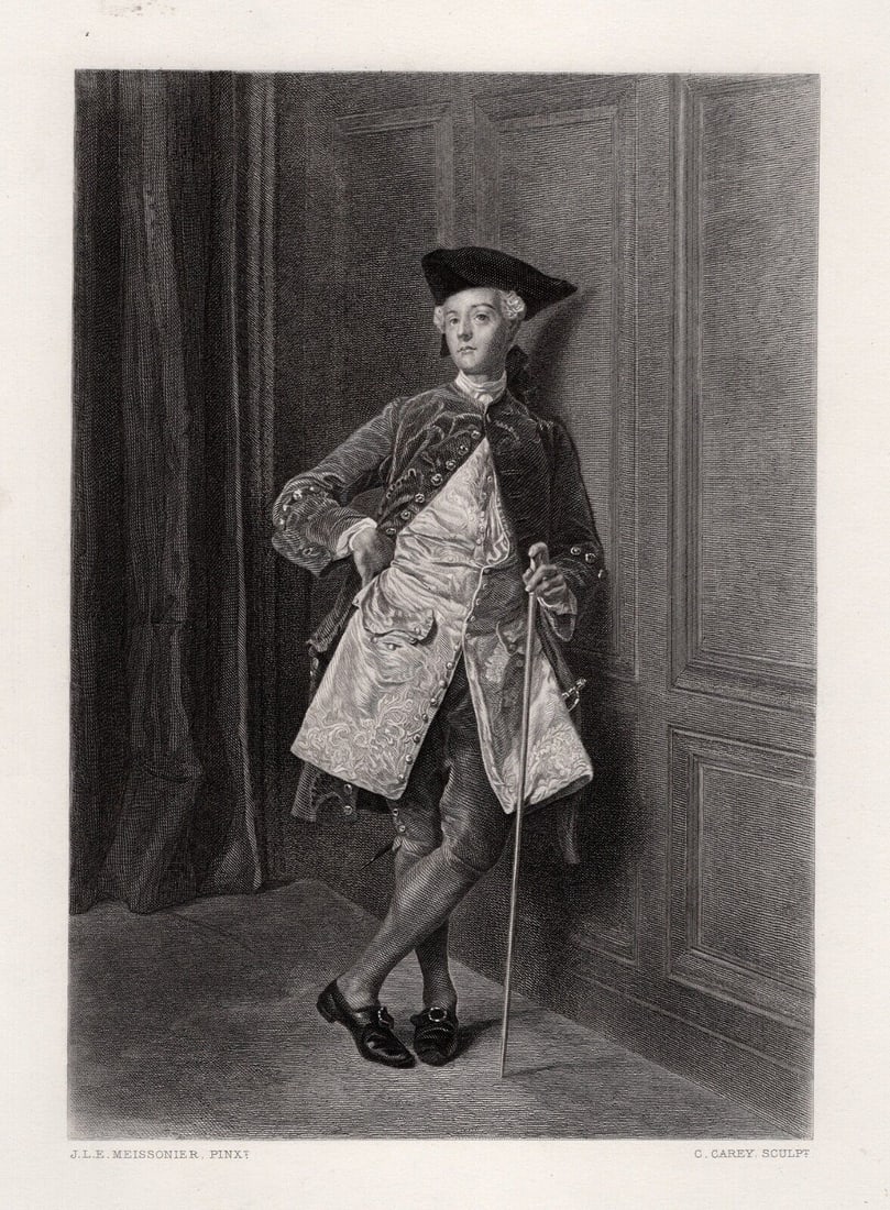 1800s Ernest Meissonier Engraving Portrait of a Cavalier Signed Framed: Ernest Meissonier (French, 1815 - 1891). Waiting an Audience. Antique engraving on wove paper after the original by Master Engraver Charles Carey (French, 1824-1897). Year: 1868. Image Size 5 3/4 x 8