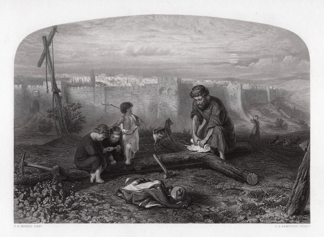 Philip R. Morris 1800s Engraving Where they Crucified Him Signed Framed: Philip Richard Morris (British, 1833 - 1902). Where They Crucified Him. Antique engraving on wove paper after the original by master engraver John Carr Armytage (British, 1802-1897). Year: 1868. Signe