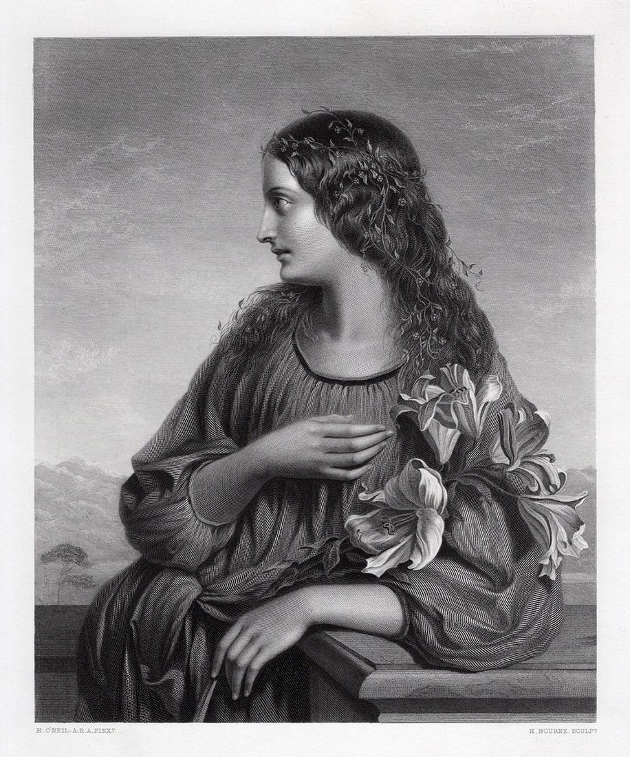 FRAMED 1800s Henry Nelson O'NEIL Engraving The Lady with Lilies SIGNED COA: Henry Nelson O'Neil (British, 1817 - 1880). Purity. Antique engraving on wove paper after the original by master engraver Herbert Bourne (Britihs, c. 1825-1907). Year: 1864. Signed in the plate. Image