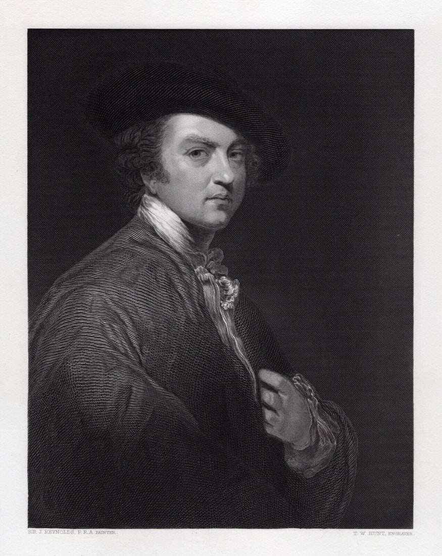 Joshua Reynolds 1800s Portrait Engraving Self Portrait Signed Framed: Sir Joshua Reynolds (English, 1723-1792). Sir Joshua Reynolds. Antique engraving on wove paper after the original by master engraver Thomas Williams Hunt (British, 1850 - 1880). Year: 1872. Signed in