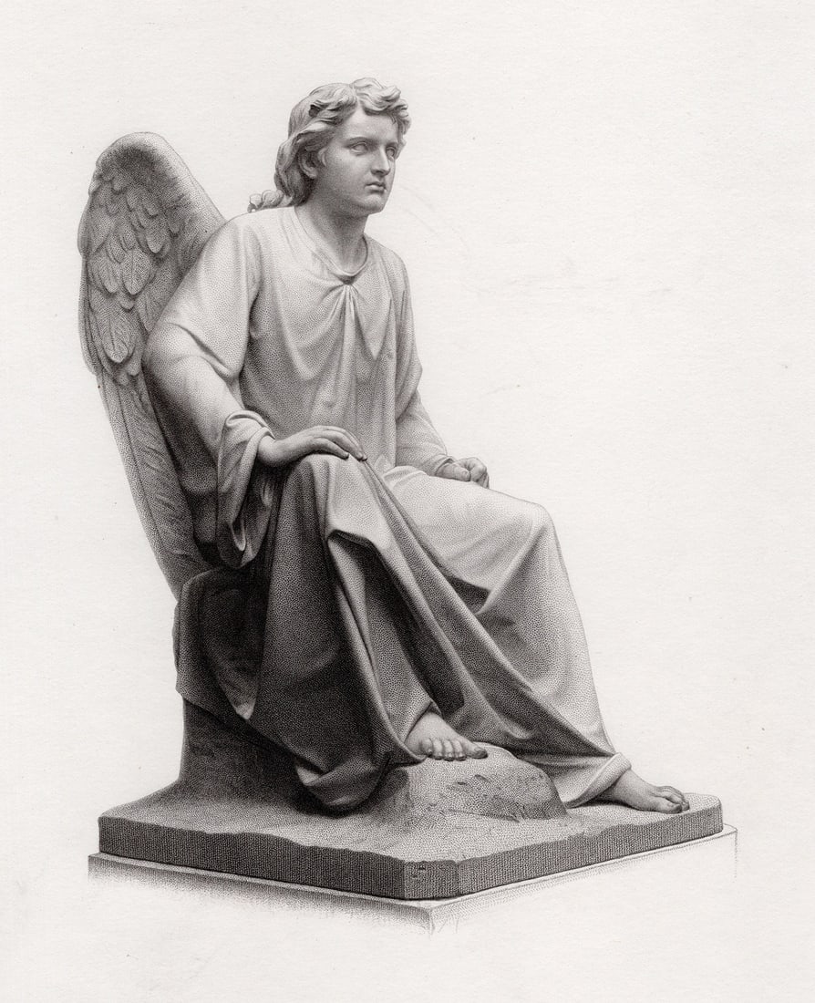 ERASTUS DOW PALMER 1800s Engraving Famous Seated Angel Monument FRAMED COA: Erastus Dow Palmer (American, 1817 - 1904). The Angel of the Sepulchre. Antique engraving on wove paper after the original by master engraver Richard Austin Artlett (British, 1807-1873). Year: 1871. I