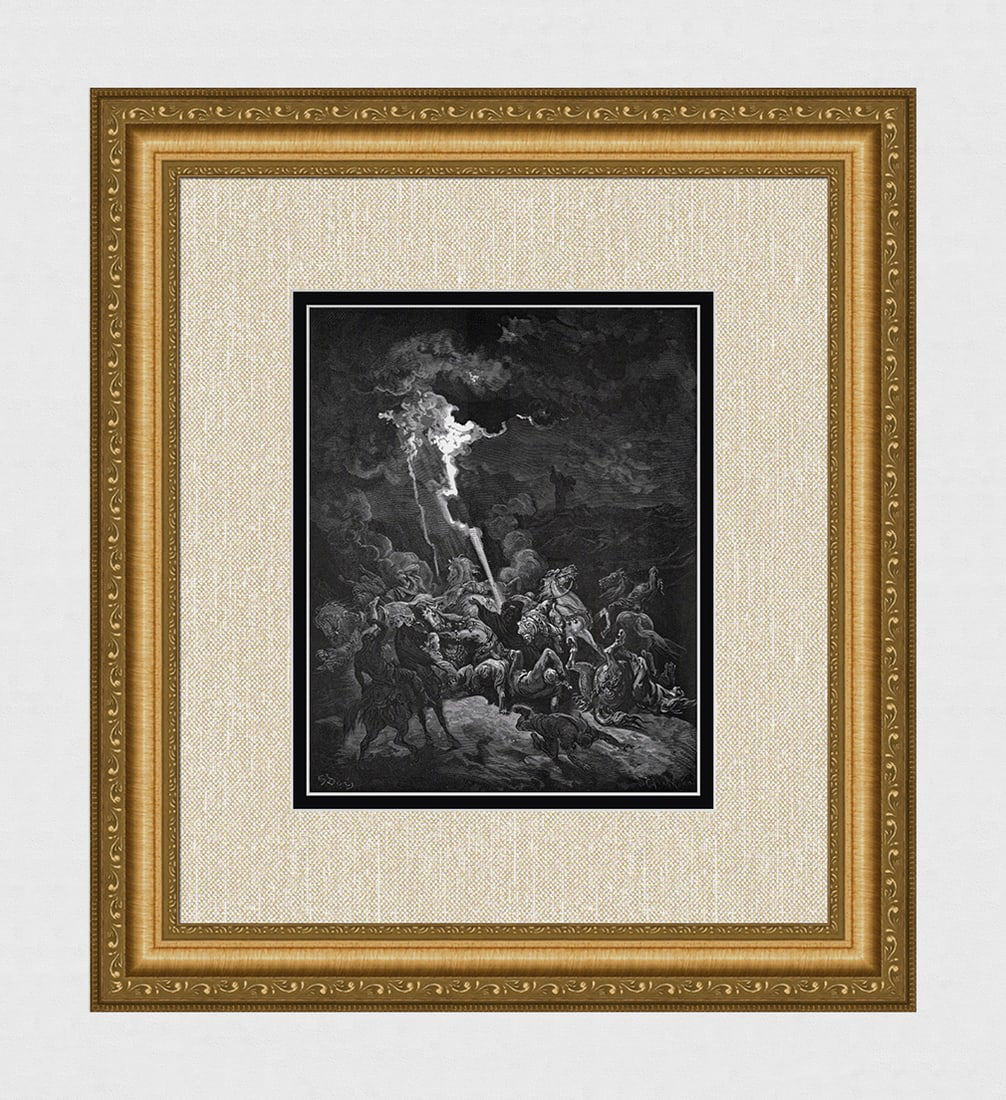 SIGNED 1800s Gustave DORE Religious Woodcut Elijah Denounces Ahaziah FRAMED: Gustave Dore (Paul Gustave Louis Christophe Dore) (French, 1832-1883). Elijah Destroys the Messengers of Ahaziah (From Dore's Bible). Antique woodcut wove paper after the original by a master wood eng