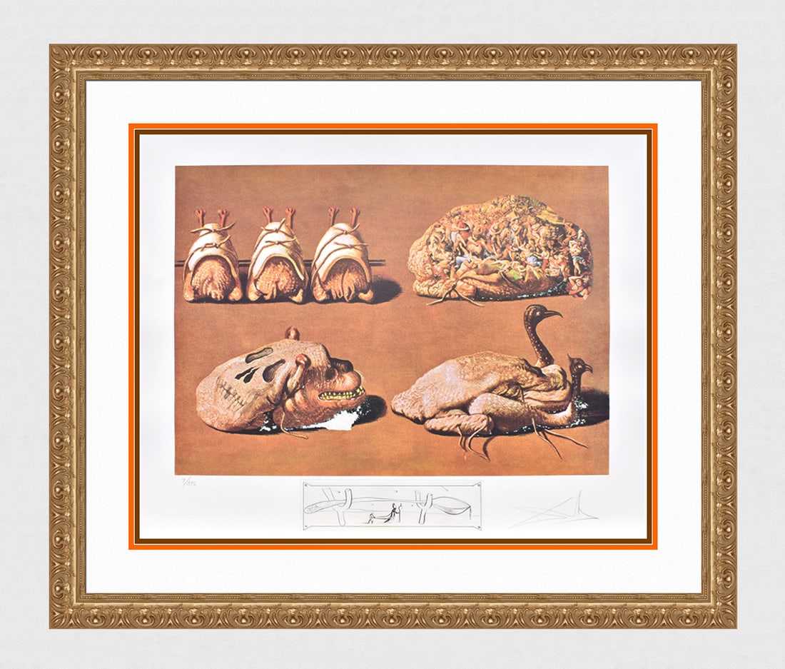 Salvador Dali Lithograph Diners of Gala Signed Numbered Limited Framed: Salvador Dali. Les Caprices Pinces Princiers (Princely Pliers Caprices)(From Les Diners de Gala). Offset Lithograph in colors with Original Etched Remarque (Spoon on Crutches) lower center, on waterma